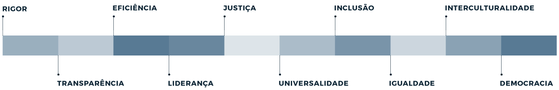 Valores: rigor; transparência; eficiência; liderança; justiça; universalidade; inclusão; igualdade; interculturalidade; democracia